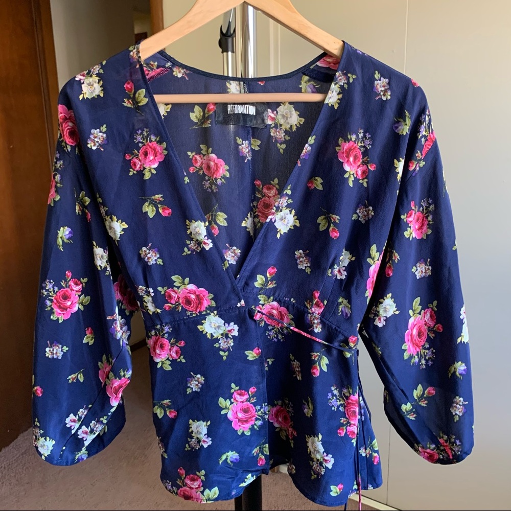 Reformation Floral Rose V-Neck Wrap Top XS
